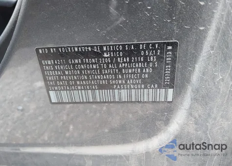 2012 Volkswagen Jetta 2.5L Se z USA, uszkodzony, nr VIN 3VWDX7AJ6CM416145